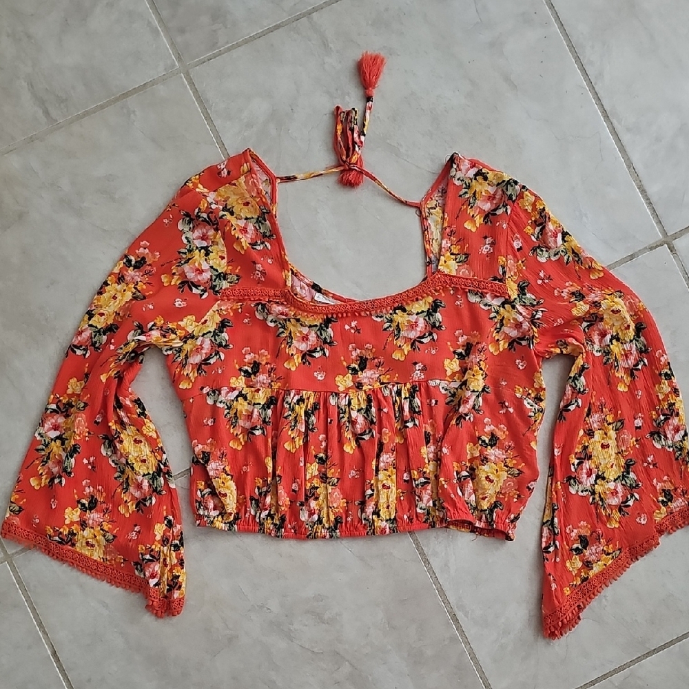 Hint of Mint Boho Floral Orange Crop Blouse